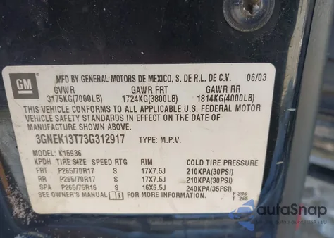 2003 Chevrolet Avalanche 1500 from USA, damaged, VIN 3GNEK13T73G312917